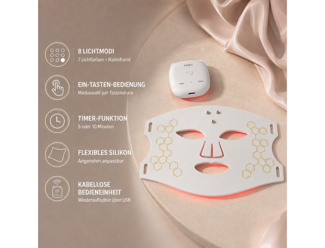 COOL-i ® Kosmetikbehandlungsgerät LED Gesichtsmaske kabellos mit Nahinfrarot, mehreren Lichtmodi, Timer und USB Aufladung Bild 3