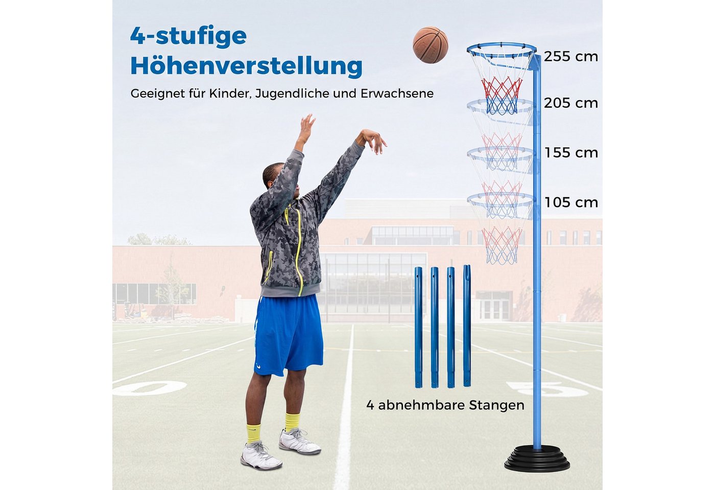 COSTWAY Basketballständer, Mit höhenverstellbarem Pfosten von 105-255 cm Bild 5