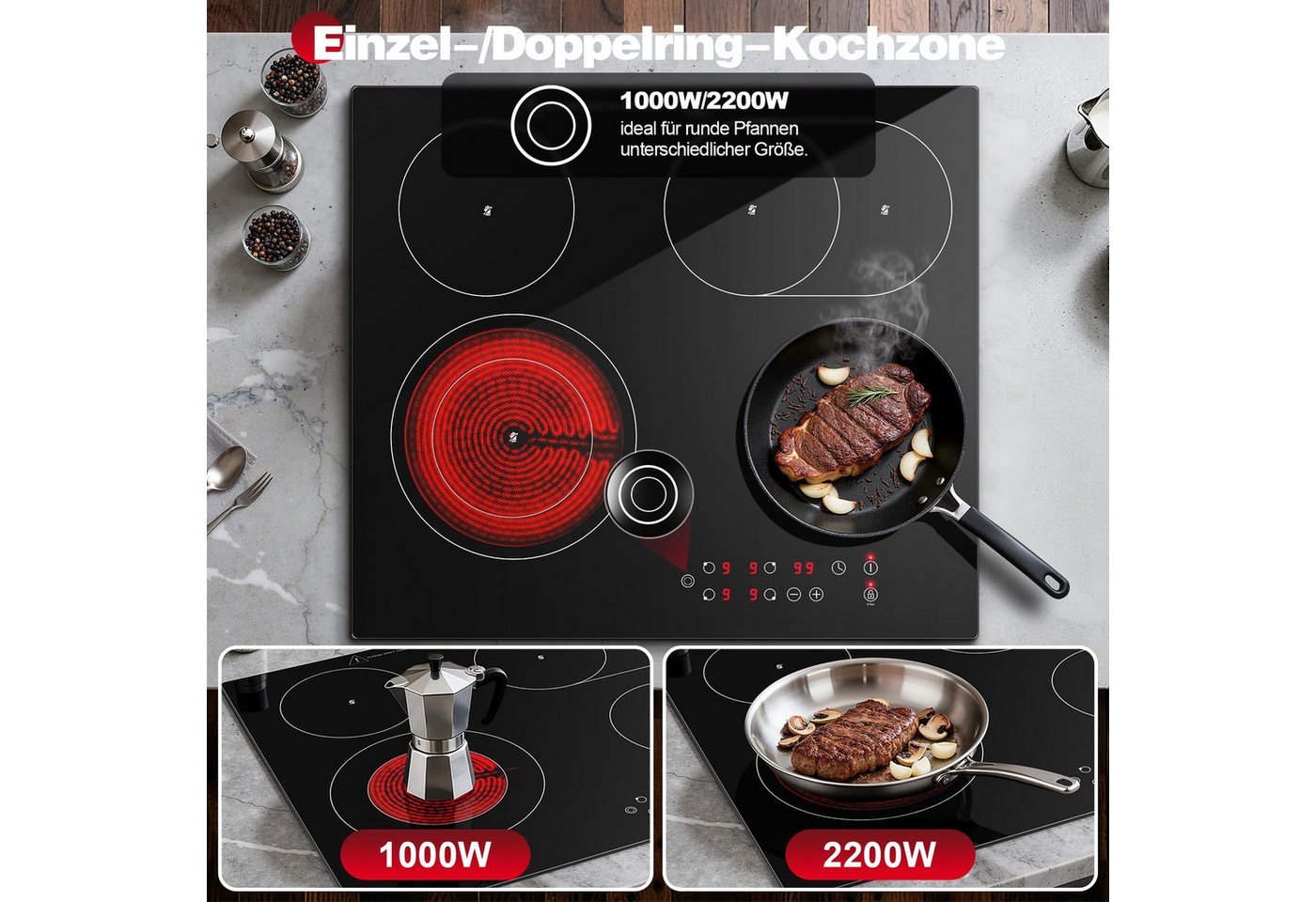 SNDOAS Elektro-Kochfeld, Glaskeramik Einbaukochfeld 60 cm, 4 Kochzonen 6600 W, Touch‑Steuerung