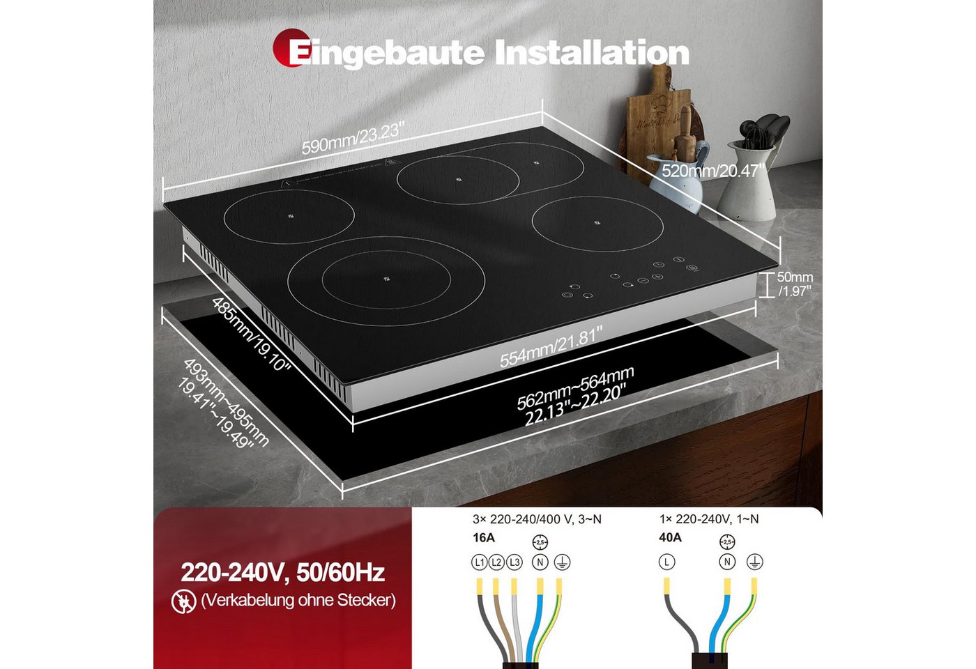 SNDOAS Elektro-Kochfeld, Glaskeramik Einbaukochfeld 60 cm, 4 Kochzonen 6600 W, Touch‑Steuerung Bild 4