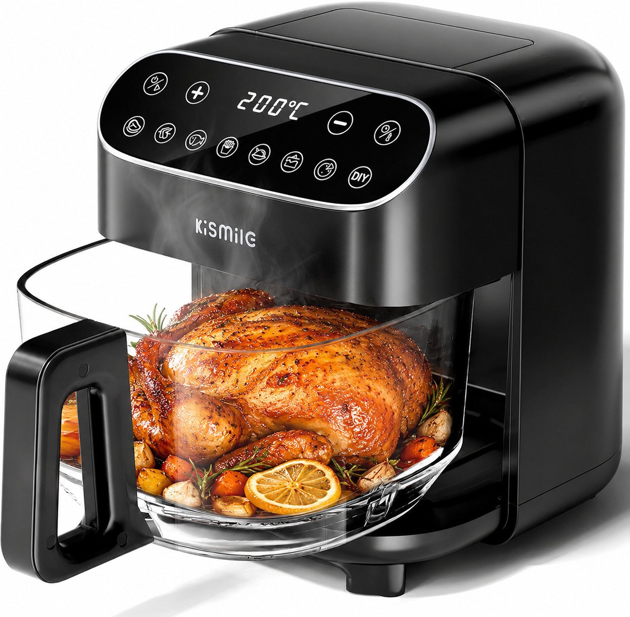 Kismile Heißluftfritteuse Glas 4,7 Liter, 1500W Air Fryer mit digitalem Touchscreen, 1500 W, spülmaschinenfest, Frittieren mit 95% weniger Öl, bis 200°C, Schwarz