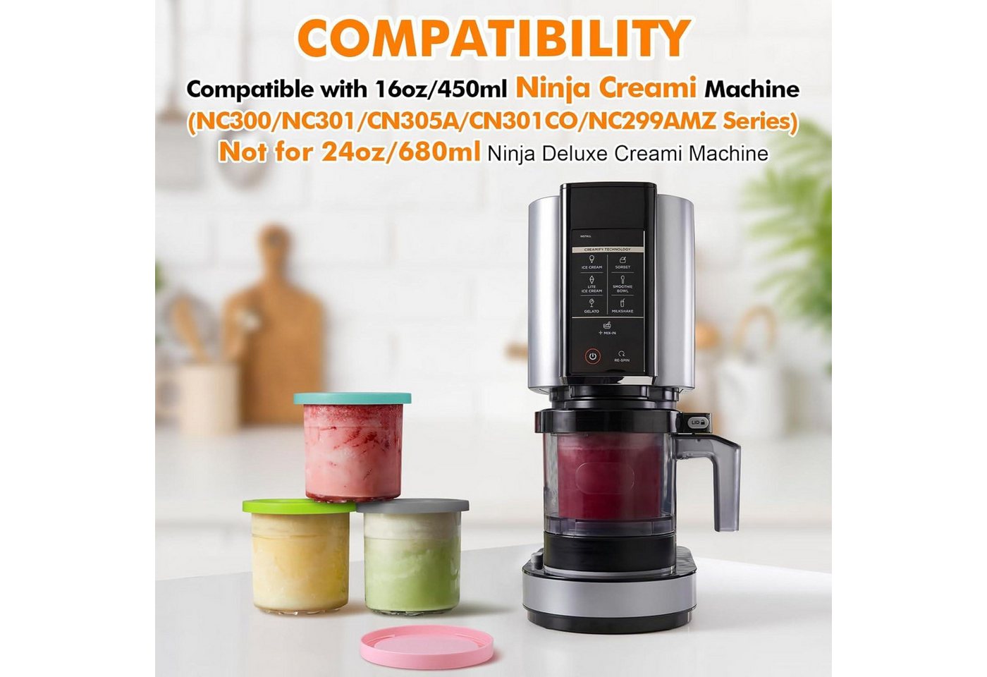 FELIXLEO Eisbereiteraufsatz 4 Eisbehälter 450ml für Ninja Creami mit Deckel & Alulöffel Bild 3