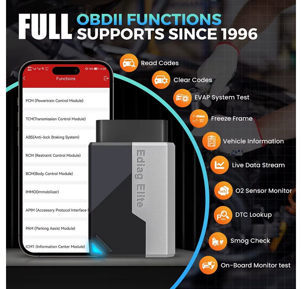 Kingbolen OBD2-Diagnosegerät EDIAG ELITE OBD2 Fahrzeugdiagnosegerät Bluetooth App, Aktive Tests von Bauteilen, 15 Service-Funktionen Bild 5