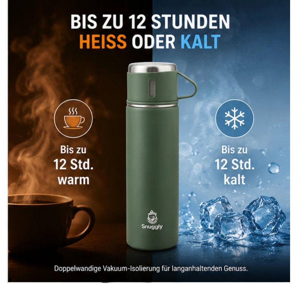 Snuggly Thermoflasche 500 ml Edelstahl doppelwandig mit 3 Bechern, 12h warm & kalt, Doppelwandiger Edelstahl, 12 h warm/kalt, auslaufsicher, Soft-Touch