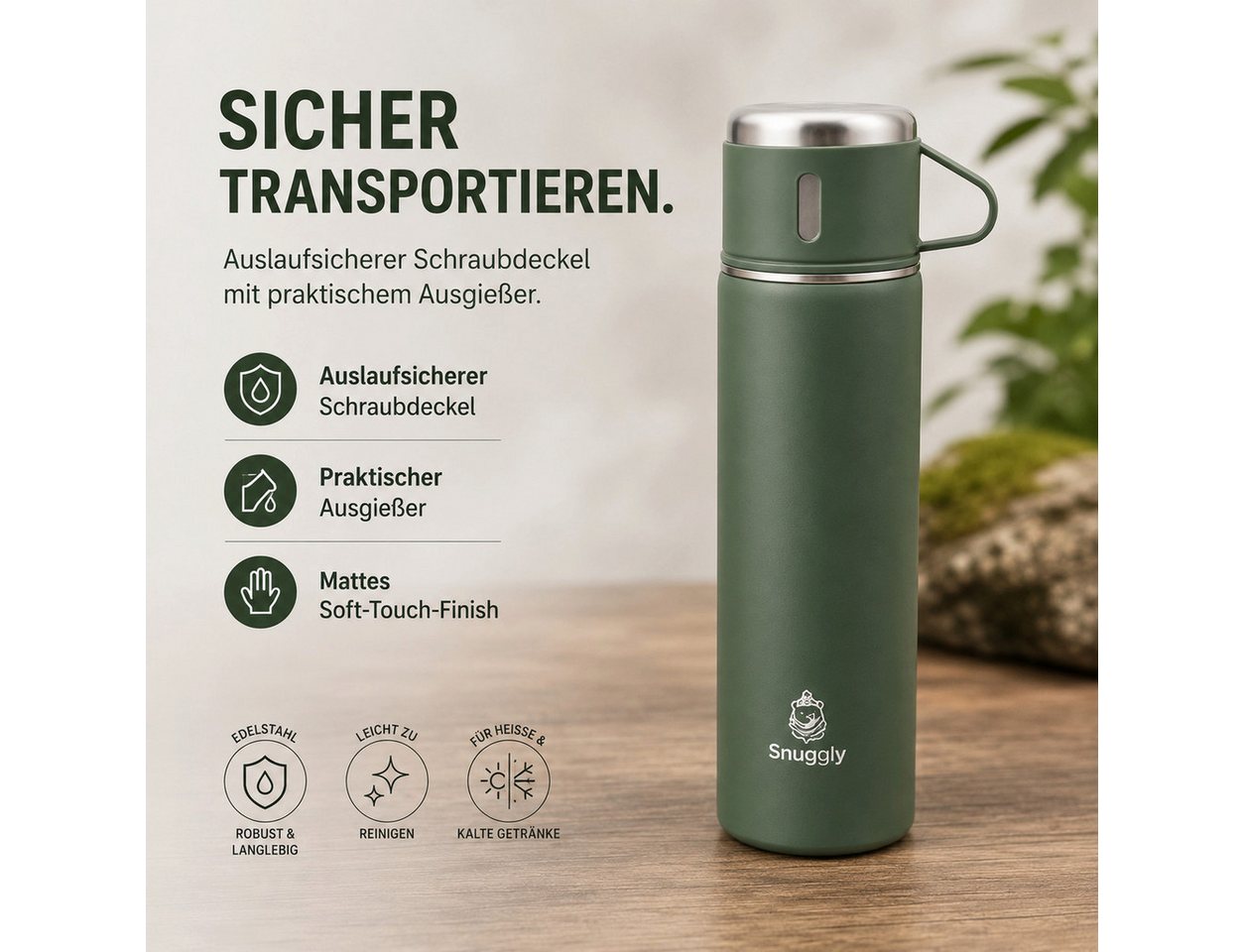 Snuggly Thermoflasche 500 ml Edelstahl doppelwandig mit 3 Bechern, 12h warm & kalt, Doppelwandiger Edelstahl, 12 h warm/kalt, auslaufsicher, Soft-Touch Bild 2