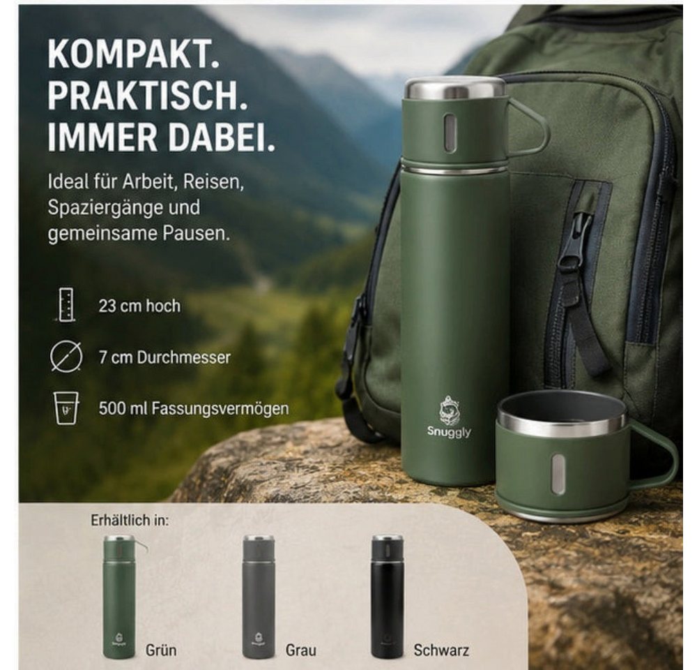Snuggly Thermoflasche 500 ml Edelstahl doppelwandig mit 3 Bechern, 12h warm & kalt, Doppelwandiger Edelstahl, 12 h warm/kalt, auslaufsicher, Soft-Touch Bild 4