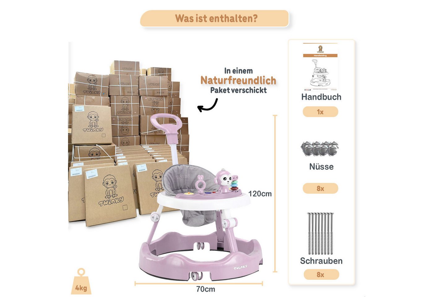 TWINKY Babywalker Höhenverstellbarer 4 in 1 Lauflernhilfe Lauflernwagen, (Bedienungsanleitung für Babywalker) Bild 3