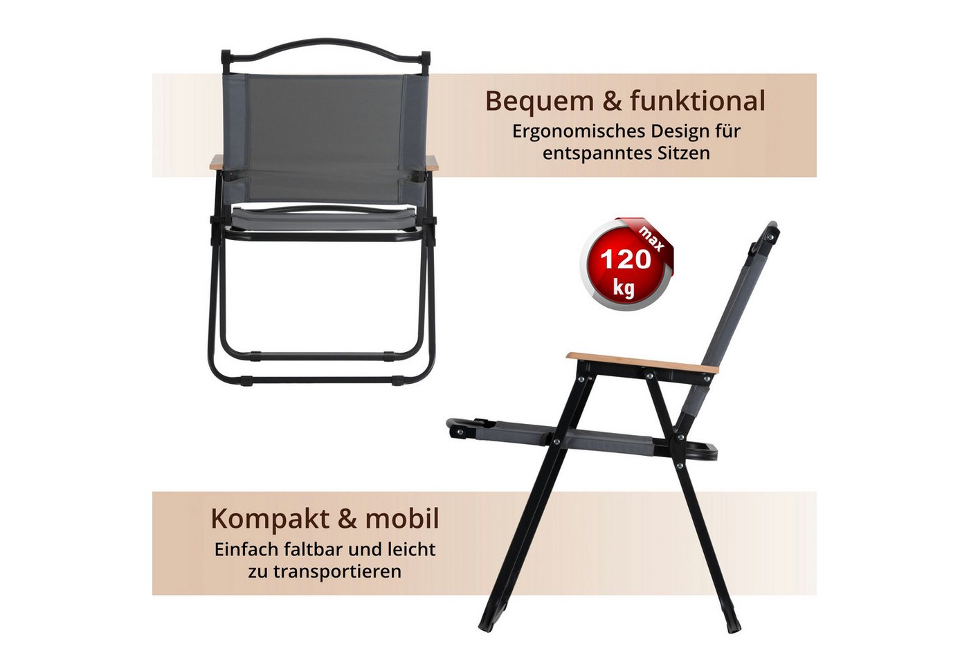 Stagecaptain Campingstuhl CSH-67 Camping Klappstuhl faltbar leicht - mit Holzarmlehnen (1 St), Faltstuhl bis 120 kg Bild 2