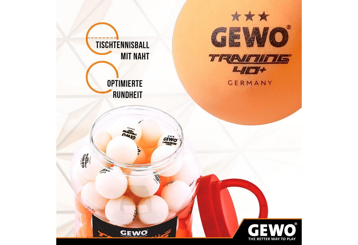 Gewo Tischtennisball 12 Stück, 3 Sterne 40+, Training ABS Tischtennisbälle, weiß-orange (12-St)