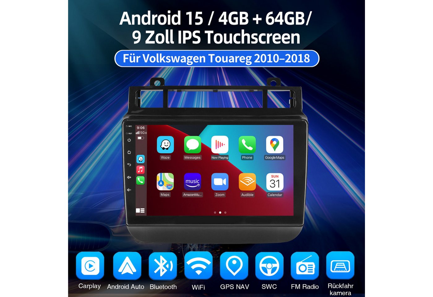 ESSGOO DAB+ 4+64G CarPlay Android 15 Navi Für VW Touareg 7P 2010-2018 Autoradio (DAB+ (optional), DAB (optional), 4+64GB(optional), RDS, AM, FM, Apple Carplay Android Auto GPS Navi WIFI BT EQ)