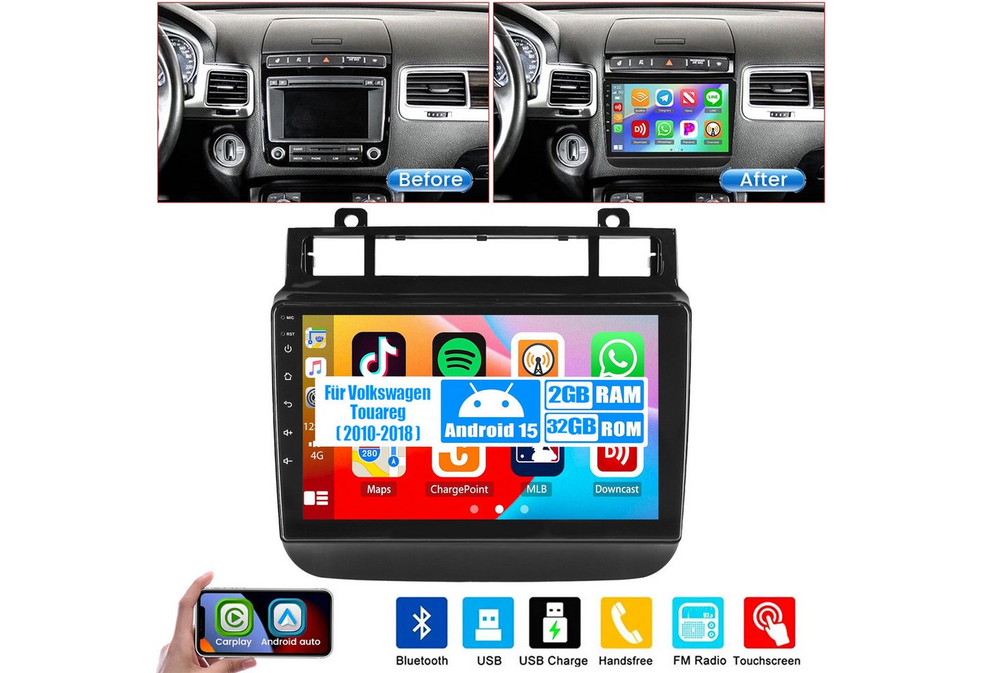 ESSGOO DAB+ 4+64G CarPlay Android 15 Navi Für VW Touareg 7P 2010-2018 Autoradio (DAB+ (optional), DAB (optional), 4+64GB(optional), RDS, AM, FM, Apple Carplay Android Auto GPS Navi WIFI BT EQ) Bild 5