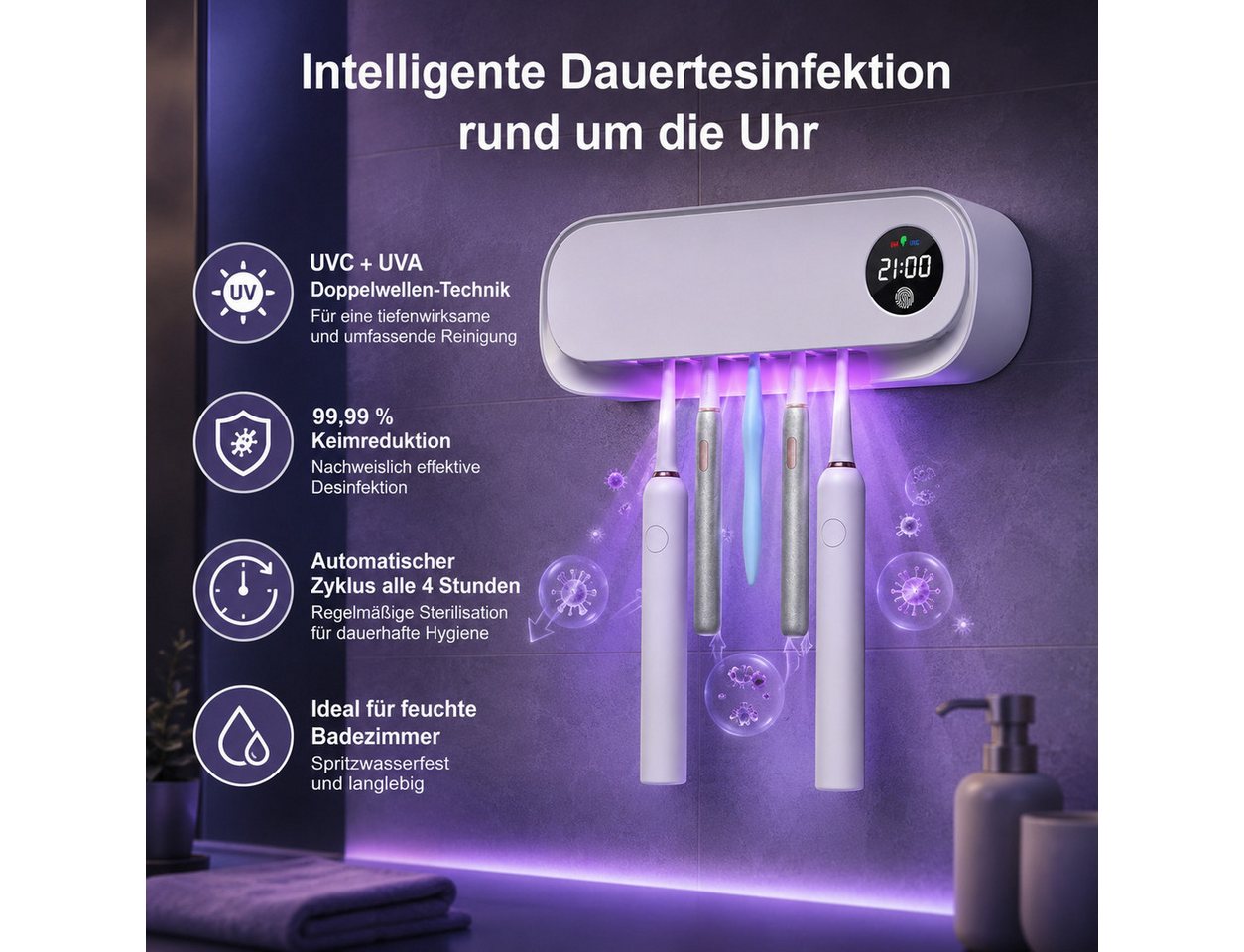 Fyrove Zahnputzbecherhalter Kabelloser UV Sterilisator als Zahnbürstenhalter, (Wiederaufladbarer UV-Zahnbürstenhalter für 4 Zahnbürsten, 1-St., UV-Zahnbürstenhalter mit Trocknung, Timer, 4 Fächer, wiederaufladbar), UV-Zahnbürstenhalter mit Trocknung, Timer & Bohrfrei-Montage