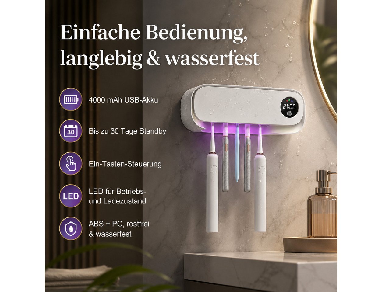 Fyrove Zahnputzbecherhalter Kabelloser UV Sterilisator als Zahnbürstenhalter, (Wiederaufladbarer UV-Zahnbürstenhalter für 4 Zahnbürsten, 1-St., UV-Zahnbürstenhalter mit Trocknung, Timer, 4 Fächer, wiederaufladbar), UV-Zahnbürstenhalter mit Trocknung, Timer & Bohrfrei-Montage Bild 2