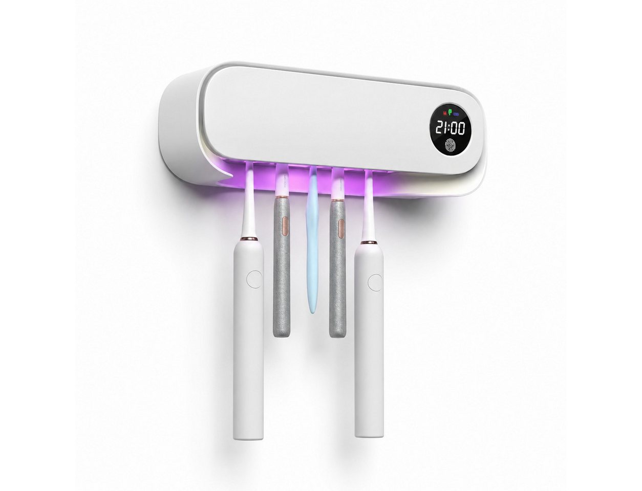 Fyrove Zahnputzbecherhalter Kabelloser UV Sterilisator als Zahnbürstenhalter, (Wiederaufladbarer UV-Zahnbürstenhalter für 4 Zahnbürsten, 1-St., UV-Zahnbürstenhalter mit Trocknung, Timer, 4 Fächer, wiederaufladbar), UV-Zahnbürstenhalter mit Trocknung, Timer & Bohrfrei-Montage Bild 3
