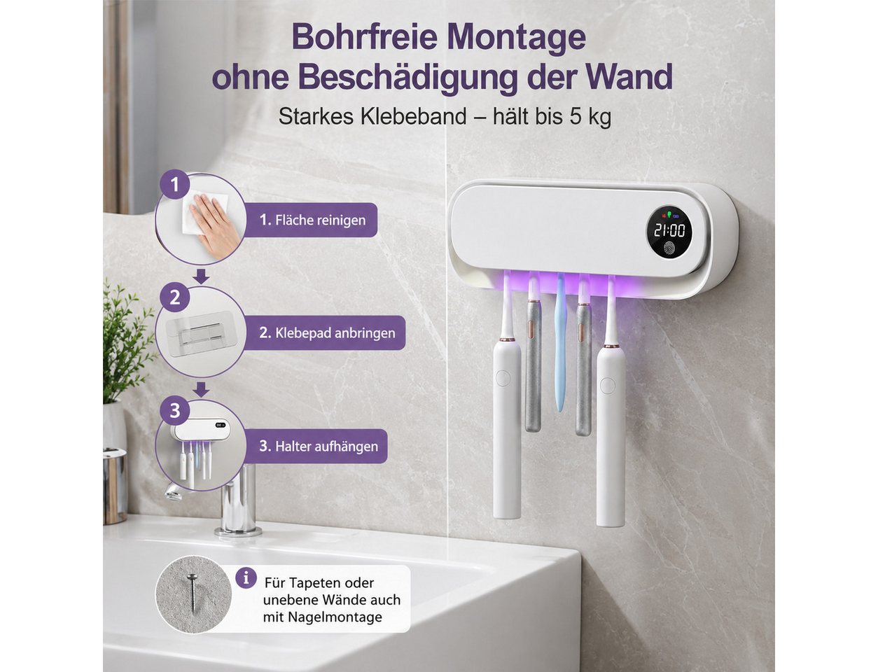Fyrove Zahnputzbecherhalter Kabelloser UV Sterilisator als Zahnbürstenhalter, (Wiederaufladbarer UV-Zahnbürstenhalter für 4 Zahnbürsten, 1-St., UV-Zahnbürstenhalter mit Trocknung, Timer, 4 Fächer, wiederaufladbar), UV-Zahnbürstenhalter mit Trocknung, Timer & Bohrfrei-Montage Bild 5
