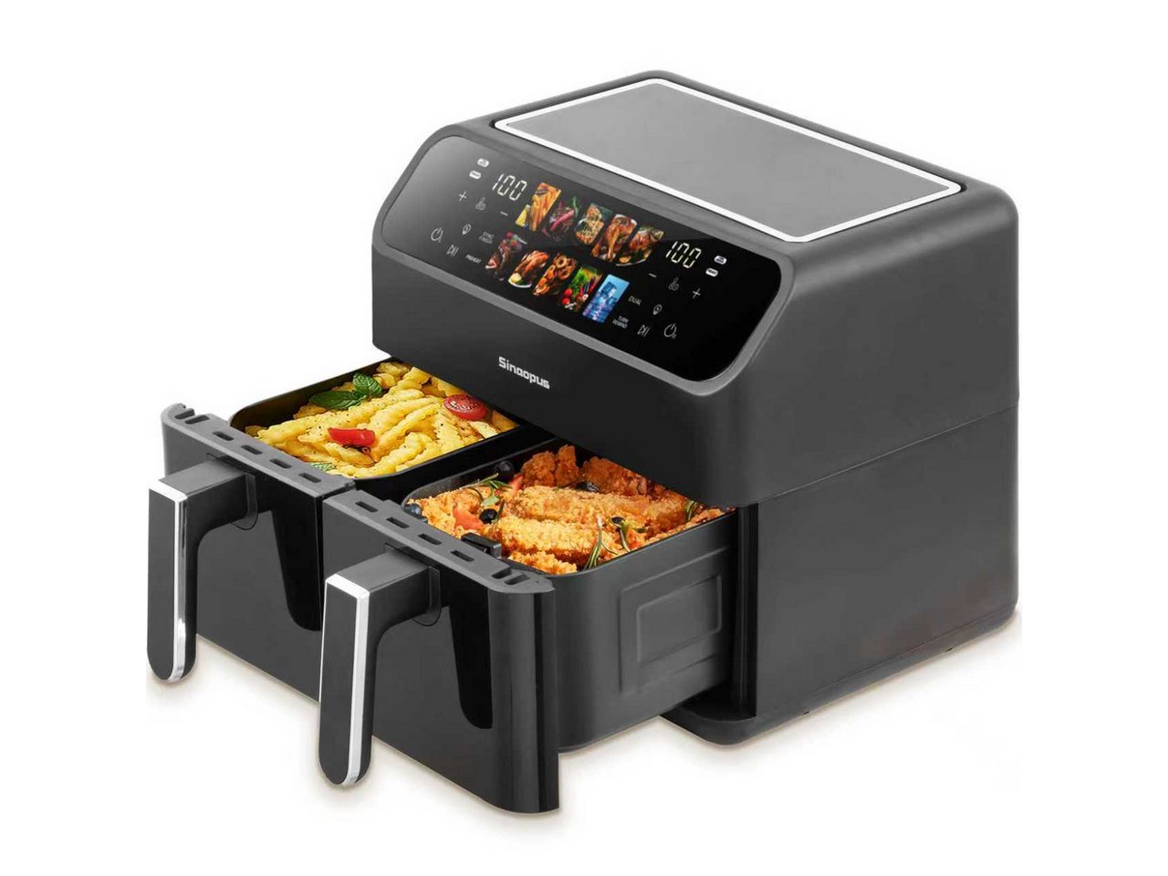 Sinaopus Heißluftfritteuse 9L XXL, Dual Airfryer 2000W mit LED-Display, Sichtfenster & 10 Programmen, 2000 W, Doppelkammer-Airfryer mit LED-Display, Sichtfenster, Timer