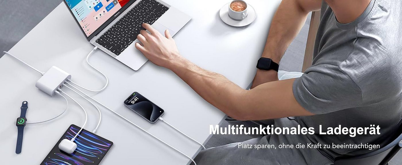 Vivitar 180W Ladegerät mit 7 Anschlüssen, GaN-Schnellladegerät, USB-C-PD USB-Ladegerät (inklusive eines 1,5 m langen, abnehmbaren Verlängerungskabels, für Tablets, Smartphones, Laptops, Smartwatches, Kopfhörer, Powerbanks, mit USB-A-Multiport, USB-C-Power-Delivery-Ladeadapter)