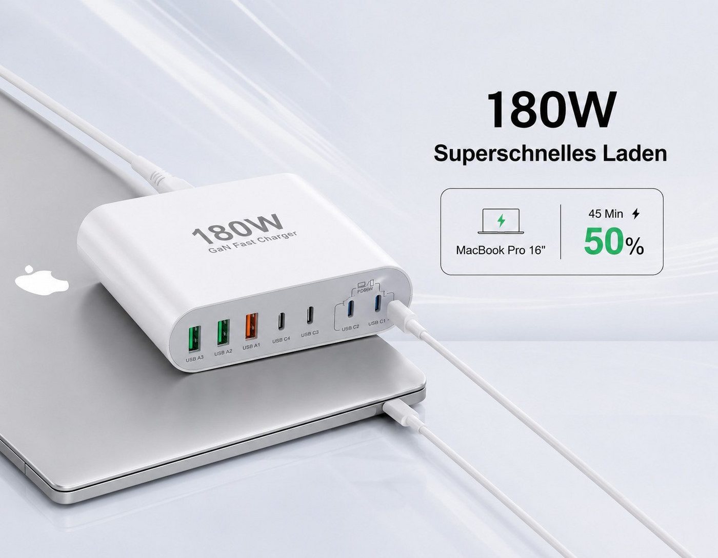 Vivitar 180W Ladegerät mit 7 Anschlüssen, GaN-Schnellladegerät, USB-C-PD USB-Ladegerät (inklusive eines 1,5 m langen, abnehmbaren Verlängerungskabels, für Tablets, Smartphones, Laptops, Smartwatches, Kopfhörer, Powerbanks, mit USB-A-Multiport, USB-C-Power-Delivery-Ladeadapter) Bild 2