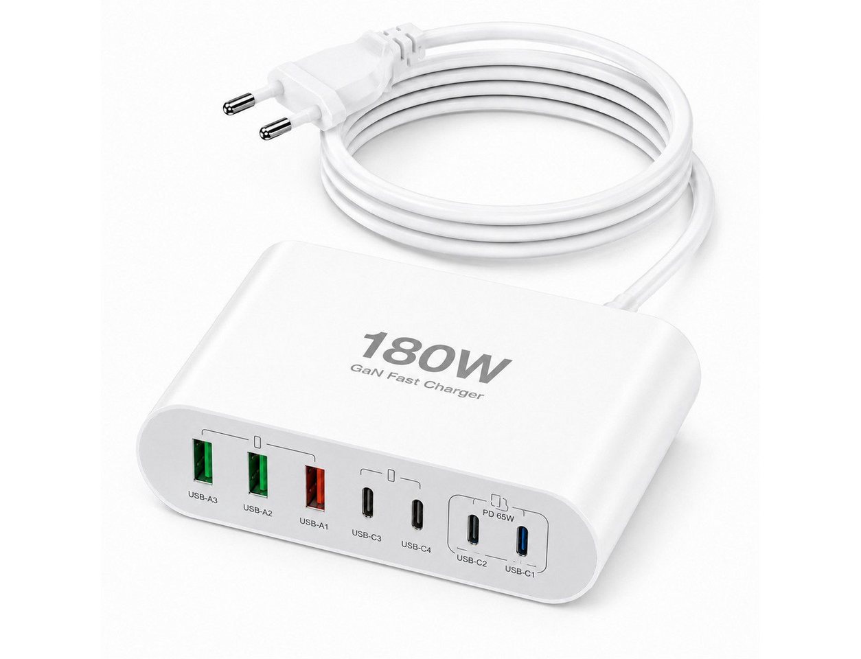 Vivitar 180W Ladegerät mit 7 Anschlüssen, GaN-Schnellladegerät, USB-C-PD USB-Ladegerät (inklusive eines 1,5 m langen, abnehmbaren Verlängerungskabels, für Tablets, Smartphones, Laptops, Smartwatches, Kopfhörer, Powerbanks, mit USB-A-Multiport, USB-C-Power-Delivery-Ladeadapter) Bild 4