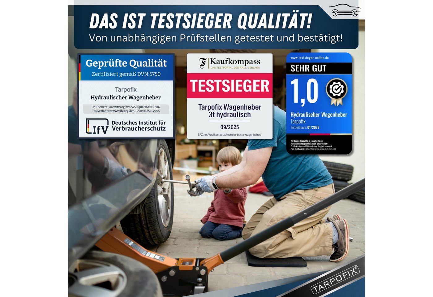 Tarpofix® Wagenheber 3t hydraulisch flach SUV tiefergelegt EN 1494, max. Hubhöhe: 47.5 cm, Rangierwagenheber Doppelzylinder, 5-tlg., inkl. Handschuhe & Kniematte, 3 t Hub 85-475 mm