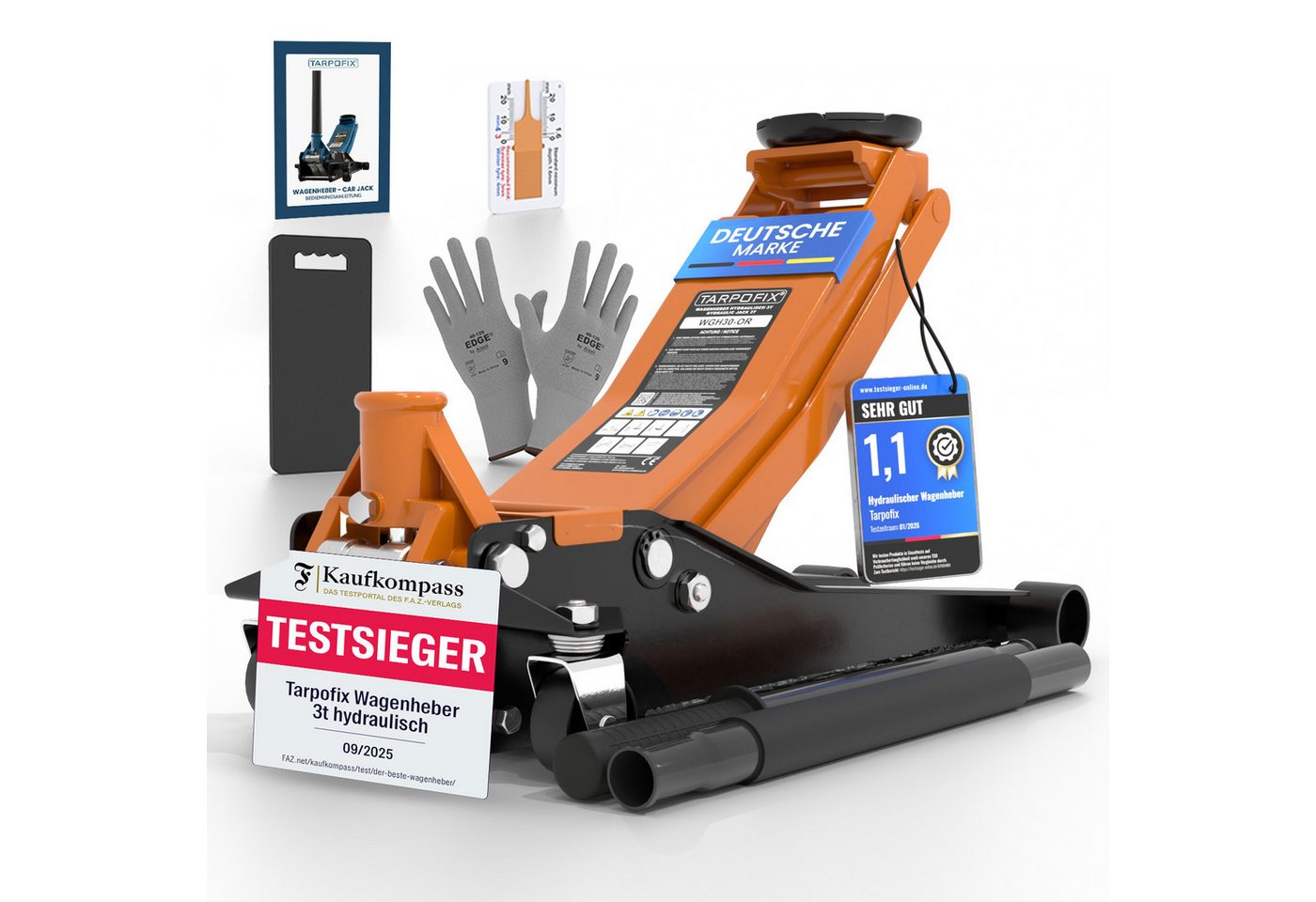 Tarpofix® Wagenheber 3t hydraulisch flach SUV tiefergelegt EN 1494, max. Hubhöhe: 47.5 cm, Rangierwagenheber Doppelzylinder, 5-tlg., inkl. Handschuhe & Kniematte, 3 t Hub 85-475 mm Bild 2