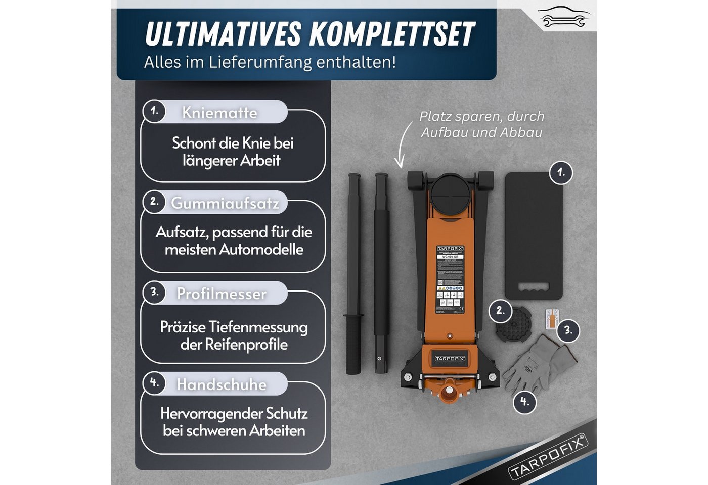 Tarpofix® Wagenheber 3t hydraulisch flach SUV tiefergelegt EN 1494, max. Hubhöhe: 47.5 cm, Rangierwagenheber Doppelzylinder, 5-tlg., inkl. Handschuhe & Kniematte, 3 t Hub 85-475 mm Bild 3