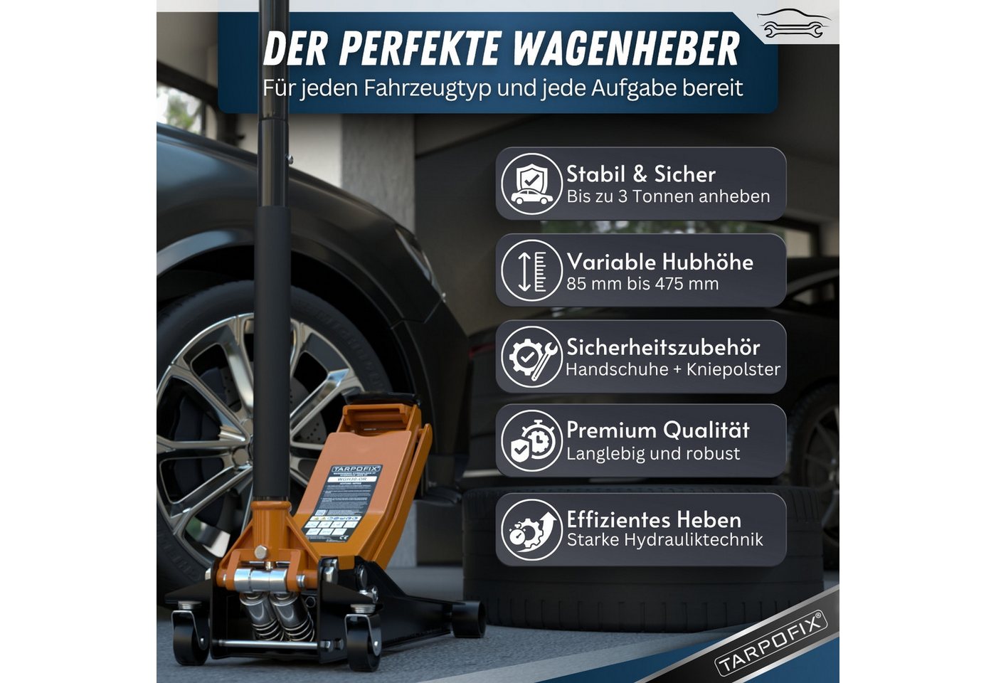 Tarpofix® Wagenheber 3t hydraulisch flach SUV tiefergelegt EN 1494, max. Hubhöhe: 47.5 cm, Rangierwagenheber Doppelzylinder, 5-tlg., inkl. Handschuhe & Kniematte, 3 t Hub 85-475 mm Bild 4