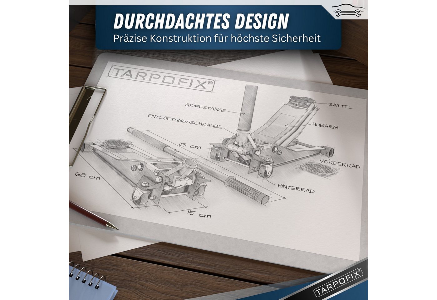 Tarpofix® Wagenheber 3t hydraulisch flach SUV tiefergelegt EN 1494, max. Hubhöhe: 47.5 cm, Rangierwagenheber Doppelzylinder, 5-tlg., inkl. Handschuhe & Kniematte, 3 t Hub 85-475 mm Bild 5