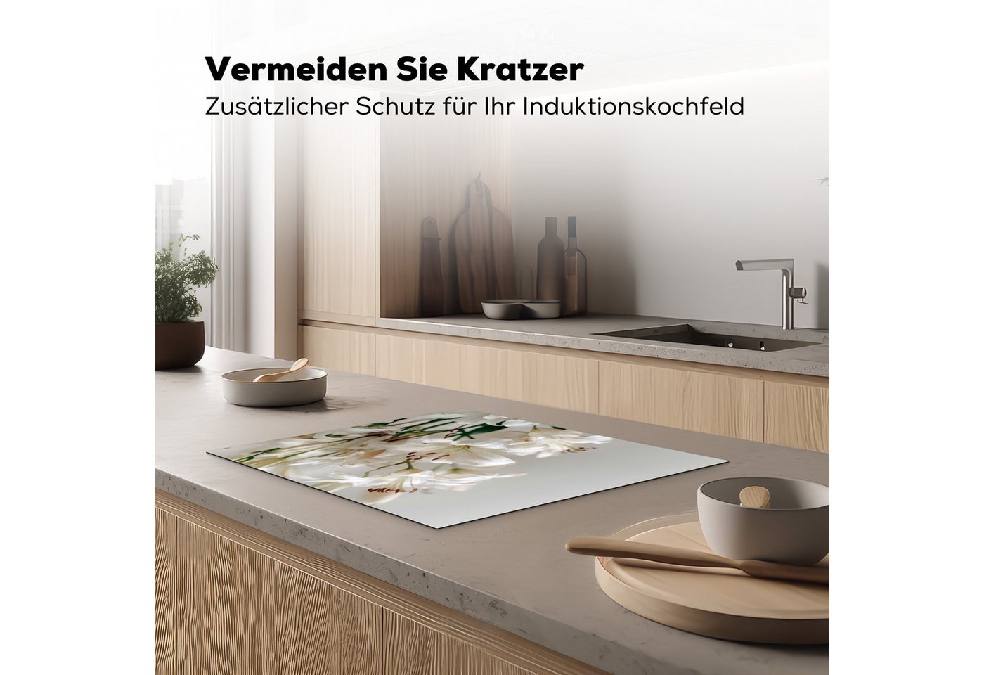 MuchoWow Herd-Abdeckplatte Lilien - Boekte - Weiß - Staubgefäße, Vinyl, (1 tlg), Herdabdeckplatten für Ceranfeld, Induktionsschutz, 65x55 cm Bild 3