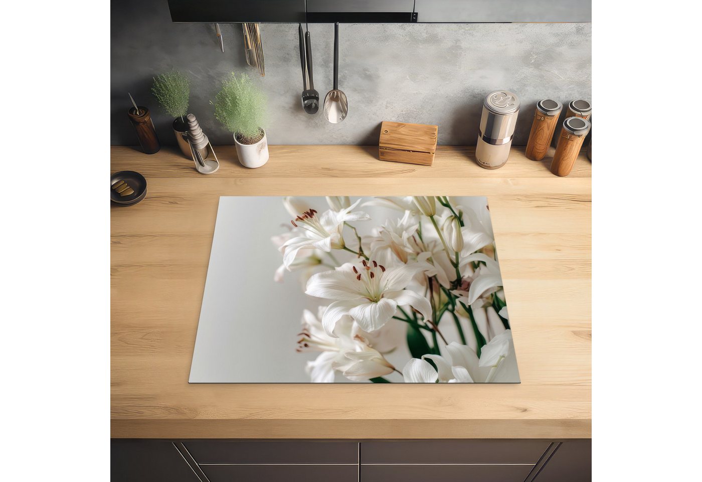 MuchoWow Herd-Abdeckplatte Lilien - Boekte - Weiß - Staubgefäße, Vinyl, (1 tlg), Herdabdeckplatten für Ceranfeld, Induktionsschutz, 65x55 cm Bild 5
