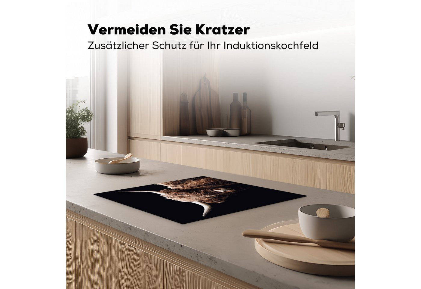 MuchoWow Herd-Abdeckplatte Schottischer Highlander - Schwarz - Horn, Vinyl, (1 tlg), Ceranfeldabdeckung Küche, Herdabdeckplatte Einteilig, 60x52 cm Bild 3