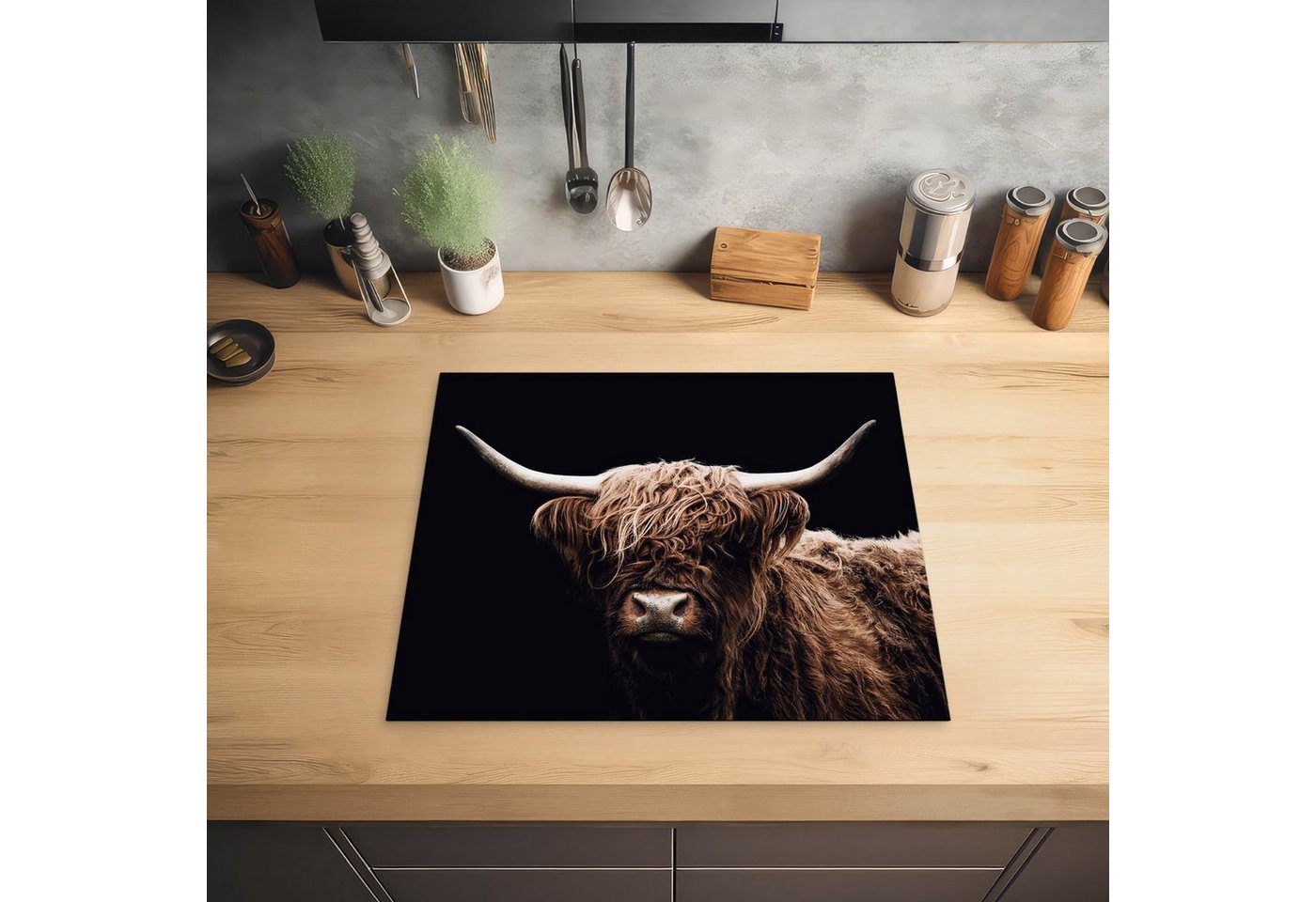 MuchoWow Herd-Abdeckplatte Schottischer Highlander - Schwarz - Horn, Vinyl, (1 tlg), Ceranfeldabdeckung Küche, Herdabdeckplatte Einteilig, 60x52 cm Bild 5