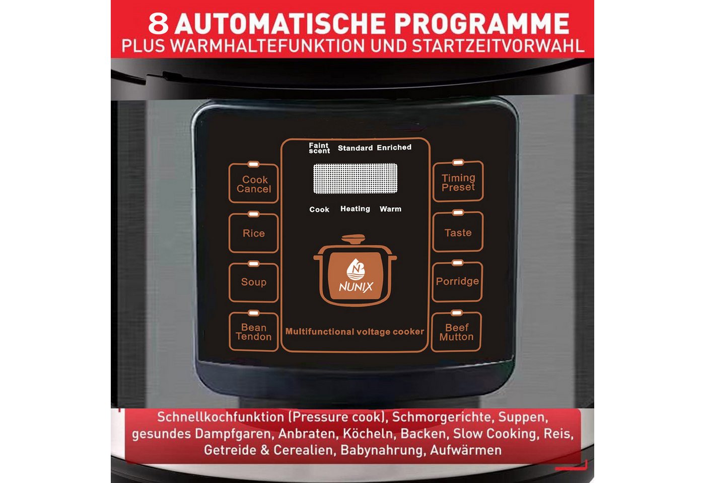 Forrlite Reiskocher Digitaler Reiskocher mit Dampfgarer, Schnellkochtopf 8 Programme, 1000 W, 6 Liter Druckkochtopf, Schongarer, Warmhaltefunktion, Timer