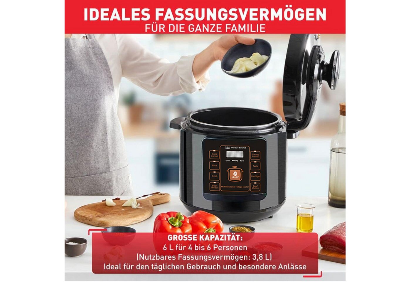Forrlite Reiskocher Digitaler Reiskocher mit Dampfgarer, Schnellkochtopf 8 Programme, 1000 W, 6 Liter Druckkochtopf, Schongarer, Warmhaltefunktion, Timer Bild 3