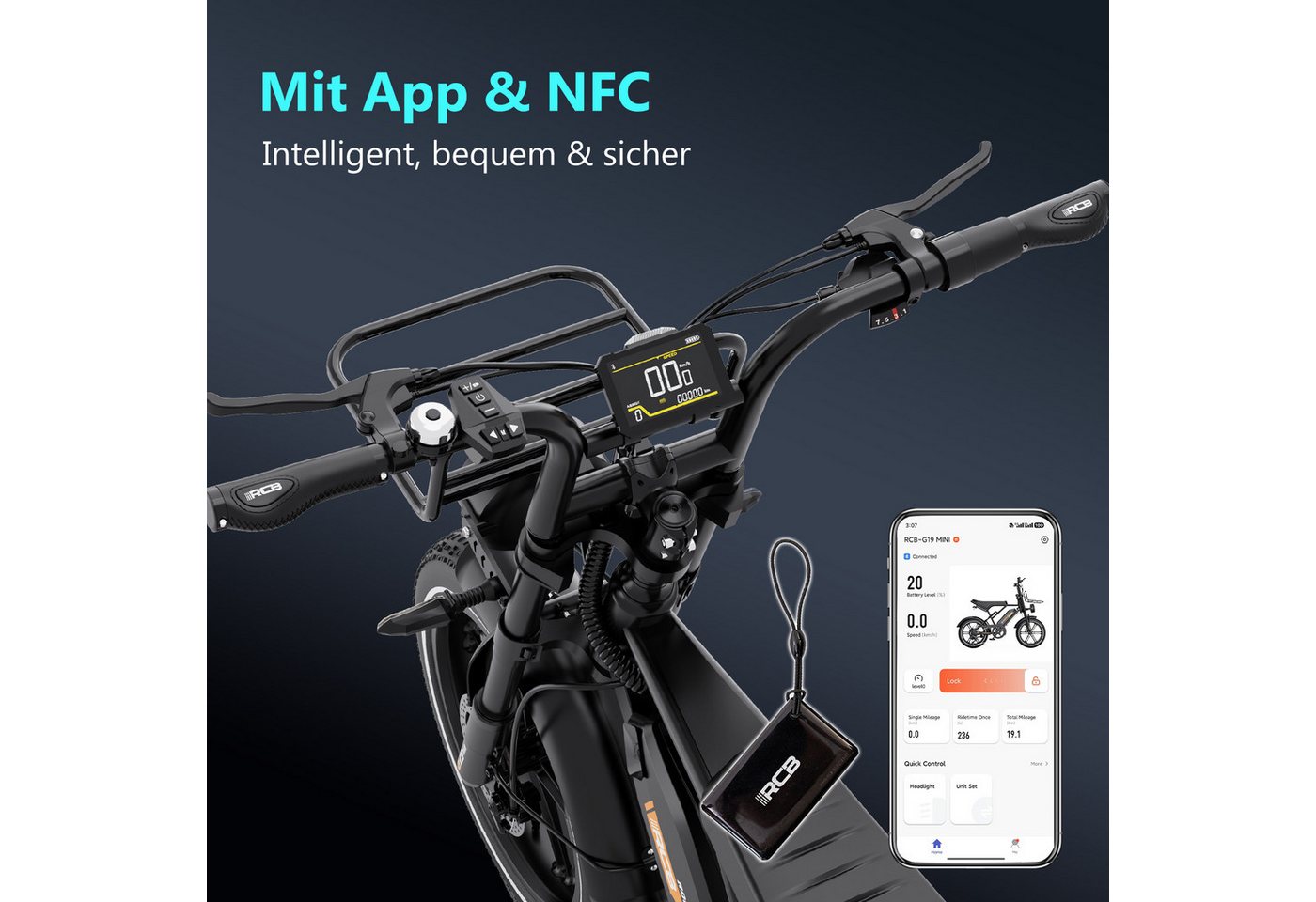 RCB E-Bike Pedelec G19 mini Elektrofahrrad,16x4,0Zoll,Richweite 70-100KM,36V 13Ah,APP&NFC, 7 Gang, Heckmotor, 468 Wh, 630W Spitzenleistung, Drehmomentsensor, bis zu 21,26 % Steigung Bild 2