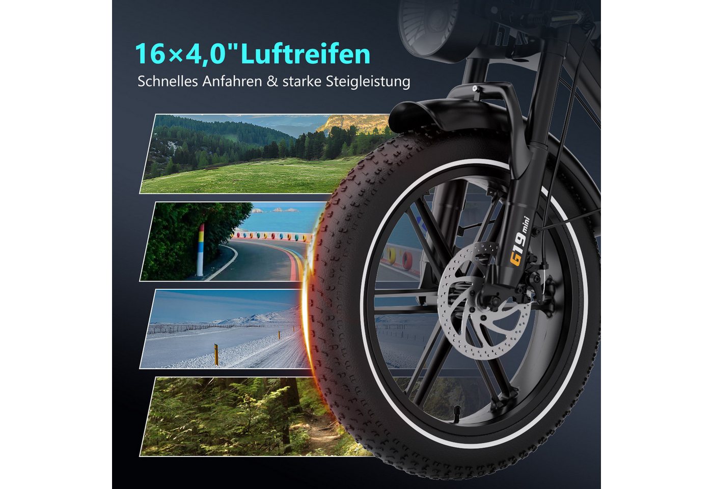 RCB E-Bike Pedelec G19 mini Elektrofahrrad,16x4,0Zoll,Richweite 70-100KM,36V 13Ah,APP&NFC, 7 Gang, Heckmotor, 468 Wh, 630W Spitzenleistung, Drehmomentsensor, bis zu 21,26 % Steigung Bild 4
