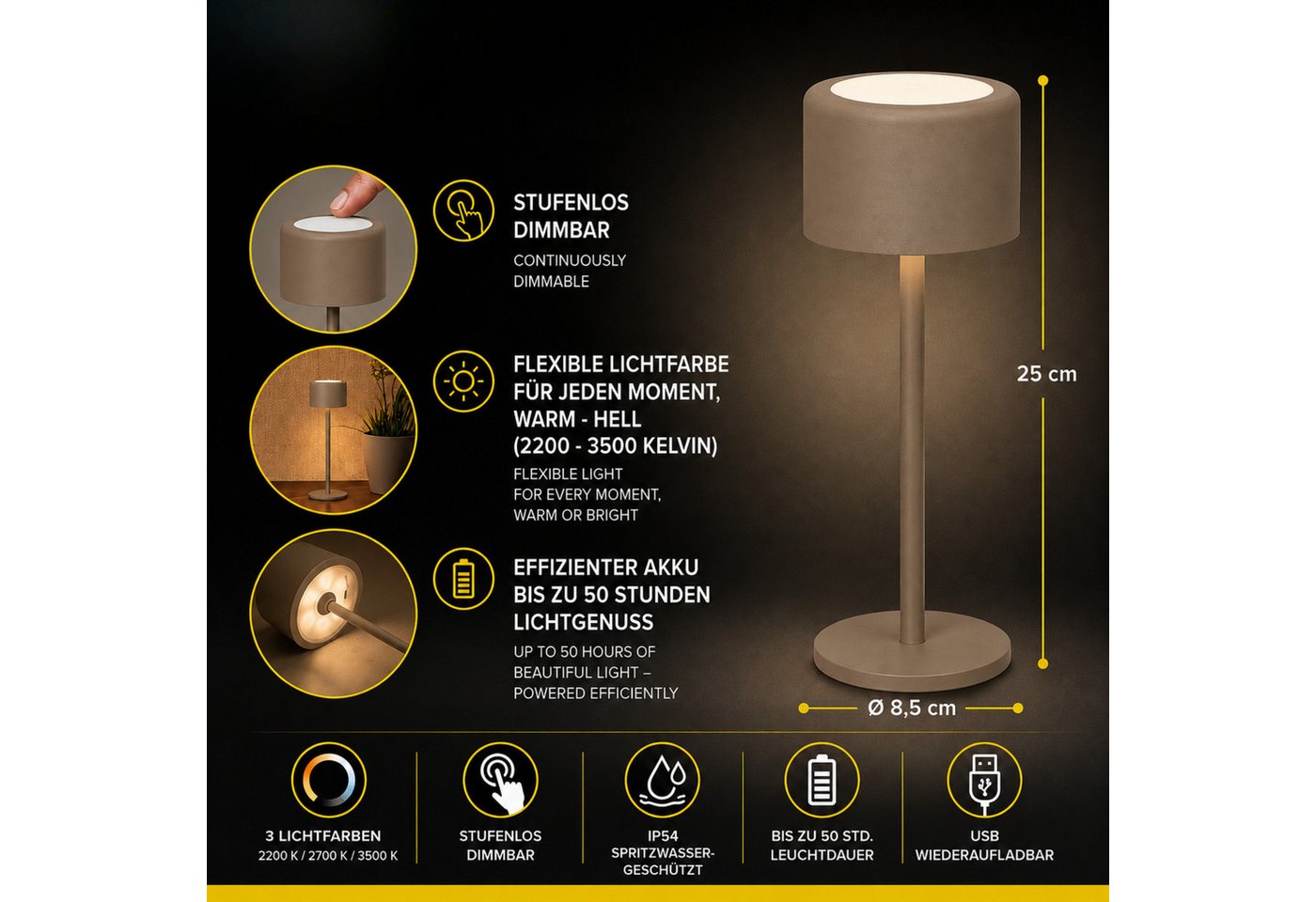 Lichthandel Hoch USB-Tischleuchte Juna LED Akku Outdoor Tischlampe dimmbar 3 Lichtfarben IP54 (Set, 2er Set), bis zu 50 Stunden Leuchtdauer, für Gartentisch, Terrasse oder Balkon.