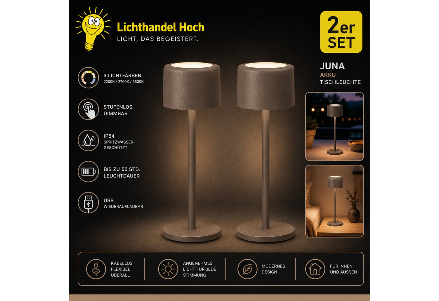 Lichthandel Hoch USB-Tischleuchte Juna LED Akku Outdoor Tischlampe dimmbar 3 Lichtfarben IP54 (Set, 2er Set), bis zu 50 Stunden Leuchtdauer, für Gartentisch, Terrasse oder Balkon. Bild 2