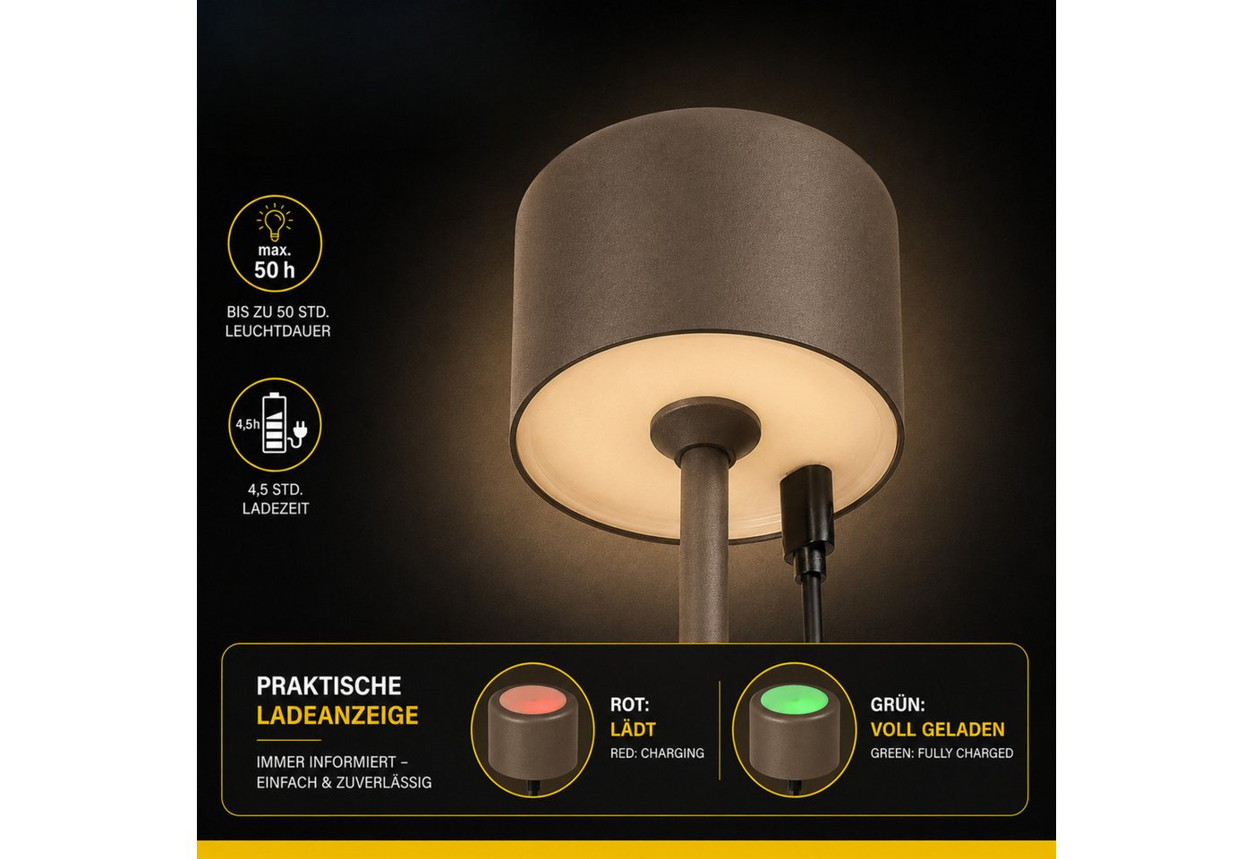 Lichthandel Hoch USB-Tischleuchte Juna LED Akku Outdoor Tischlampe dimmbar 3 Lichtfarben IP54 (Set, 2er Set), bis zu 50 Stunden Leuchtdauer, für Gartentisch, Terrasse oder Balkon. Bild 3