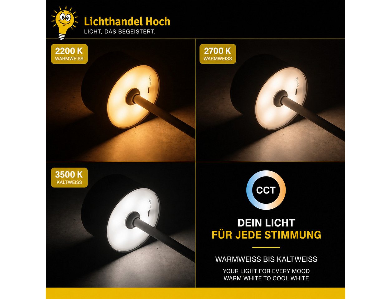 Lichthandel Hoch USB-Tischleuchte Juna LED Akku Outdoor Tischlampe dimmbar 3 Lichtfarben IP54 (Set, 2er Set), bis zu 50 Stunden Leuchtdauer, für Gartentisch, Terrasse oder Balkon. Bild 5