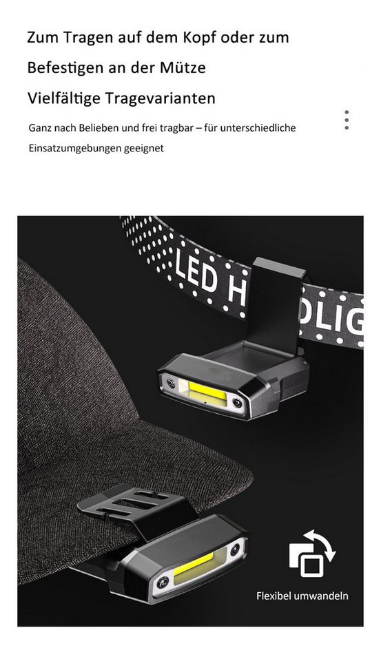 Solarandmore LED Stirnlampe Stirnlampe, stirnlampe led wiederaufladbar, kopflampe stirnlampe, Stirnlampen, stirnlampe led, für Joggen, Radfahren, Camping, Schwarz Bild 3