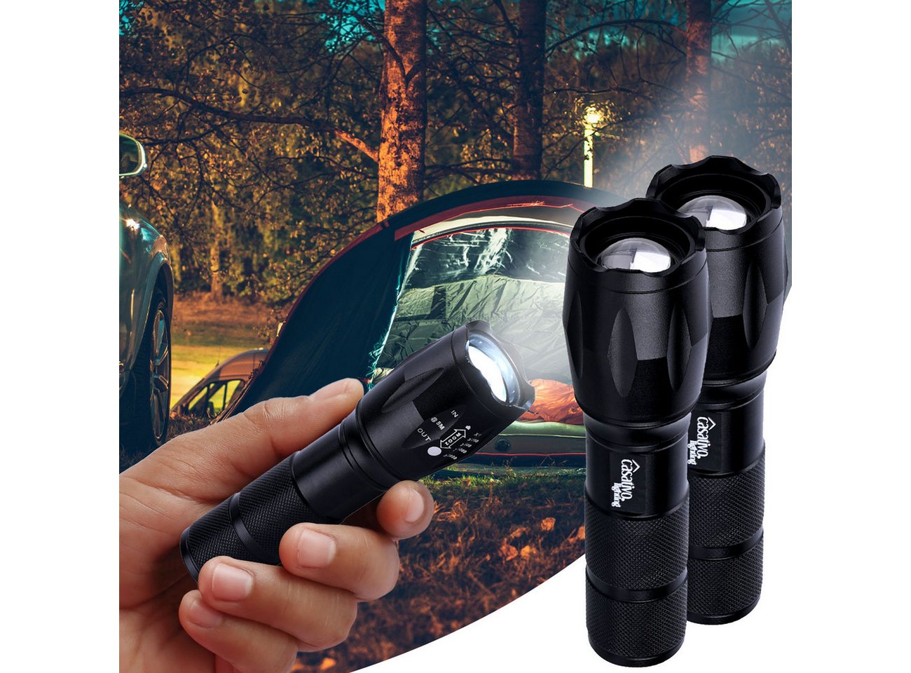 Casativo LED Taschenlampe 2in1 LED Taschenlampe 260lm 1800mAh-Akku Powerbank Funktion IP44 (2-St., 1er-Set & 2er-Set), 3 Leuchtmodi/Wiederaufladbar/Stroboskop/USB-Ladekabel