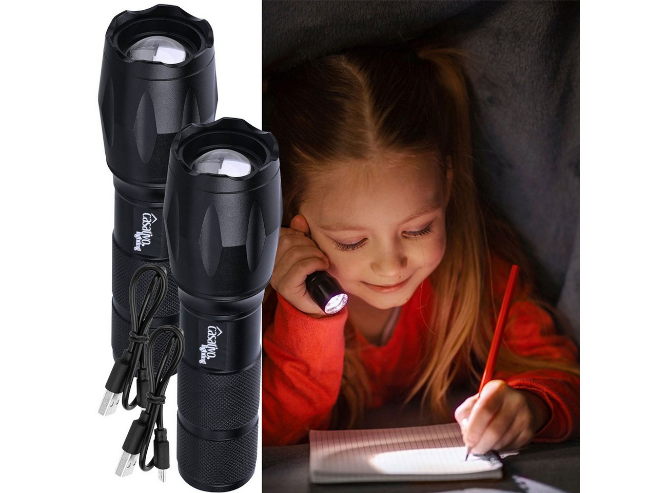 Casativo LED Taschenlampe 2in1 LED Taschenlampe 260lm 1800mAh-Akku Powerbank Funktion IP44 (2-St., 1er-Set & 2er-Set), 3 Leuchtmodi/Wiederaufladbar/Stroboskop/USB-Ladekabel Bild 4