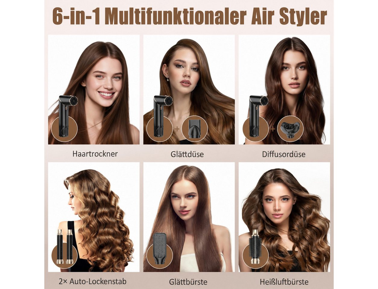 UKLISS Multihaarstyler 6-in-1 Air Styler 1000 W, Heißluftbürste mit Negativ-Ionen-Technologie, Multigerät mit wechselbaren Aufsätzen zum Trocknen, Glätten und Locken