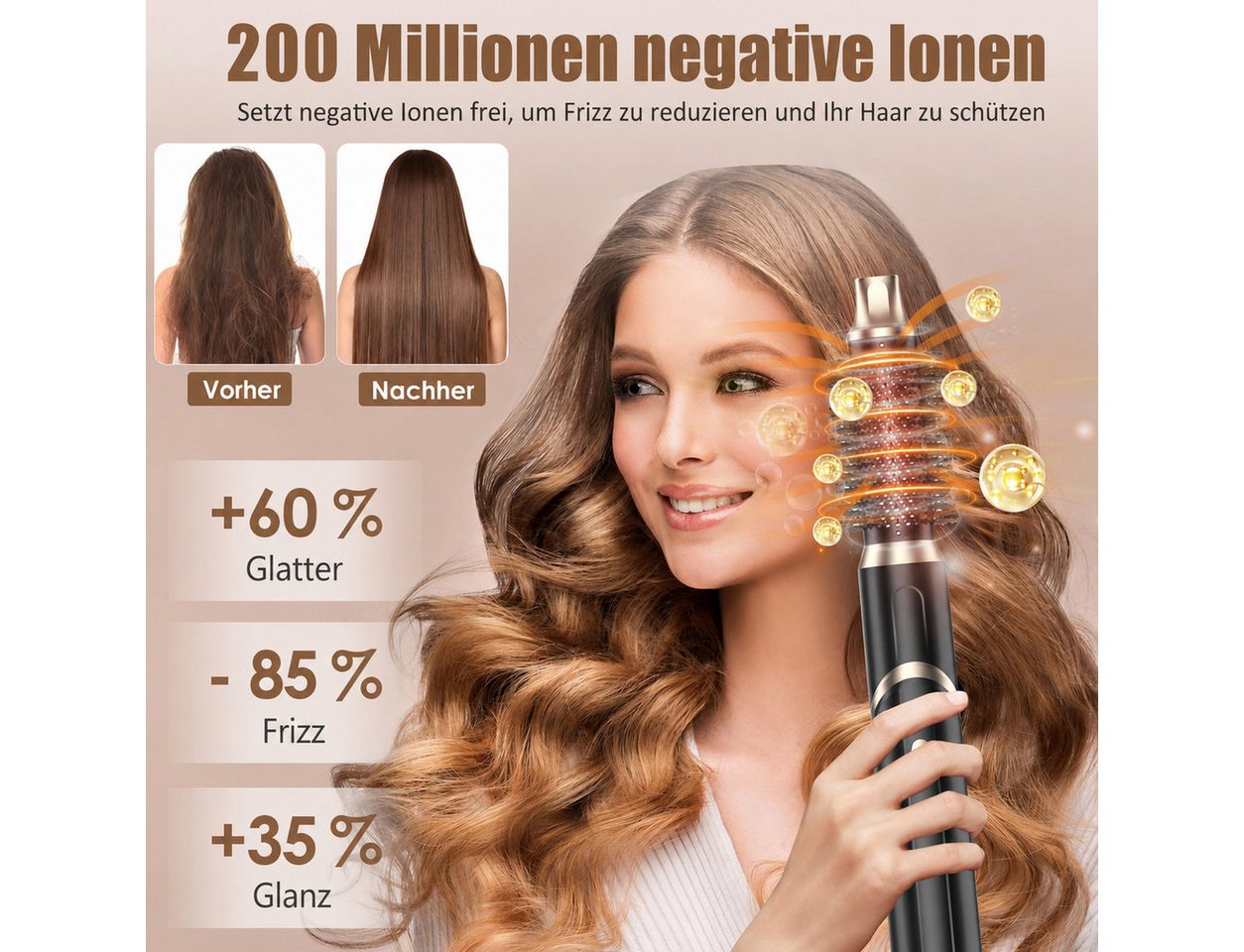 UKLISS Multihaarstyler 6-in-1 Air Styler 1000 W, Heißluftbürste mit Negativ-Ionen-Technologie, Multigerät mit wechselbaren Aufsätzen zum Trocknen, Glätten und Locken Bild 3