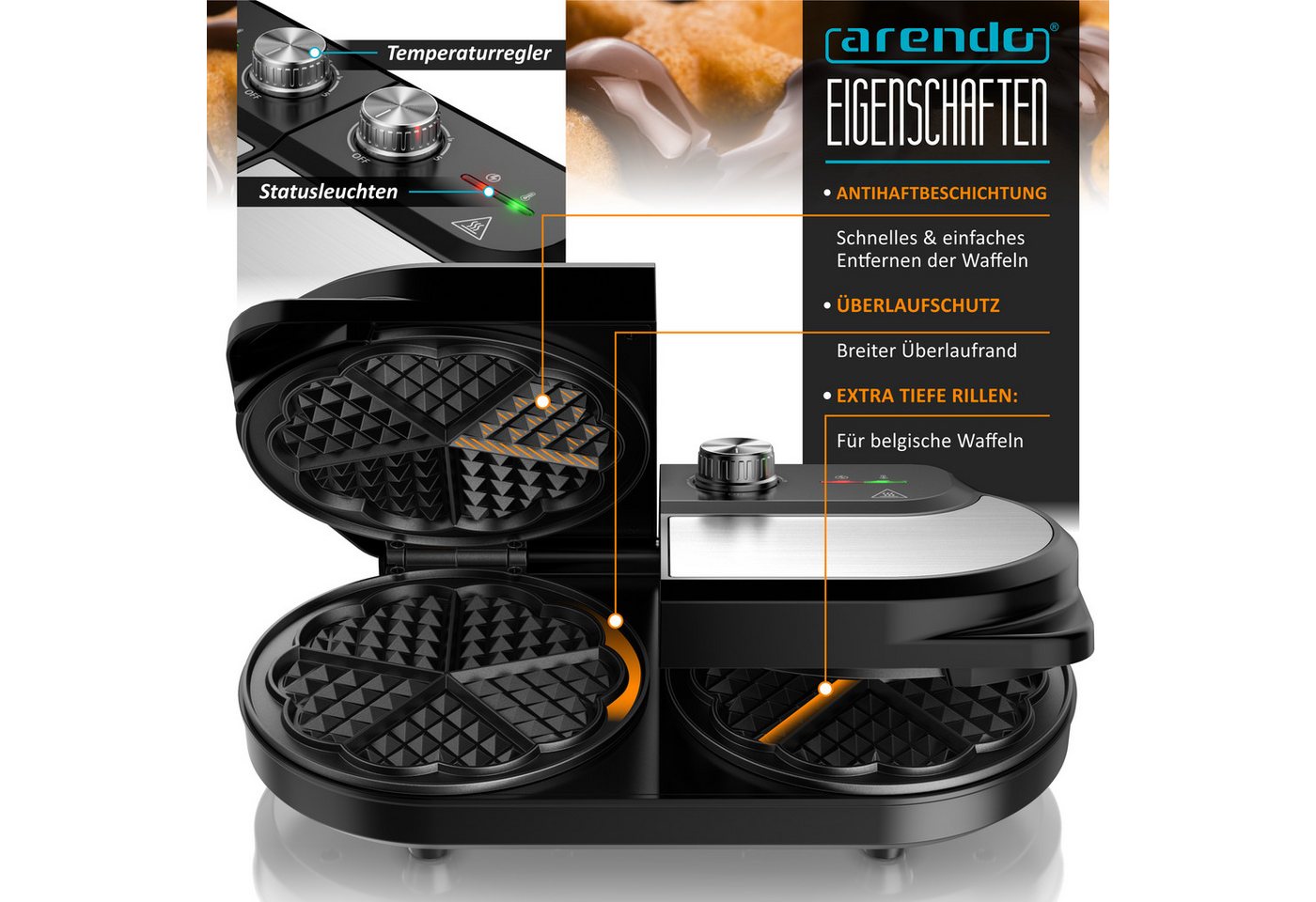 Arendo Waffeleisen Waffeleisen doppelt für 2 Herzwaffeln, 1400 W, Temperaturregler, 1400 W, 2 Zonen, Antihaftbeschichtung, Edelstahl, silber/schwarz, BPA-frei