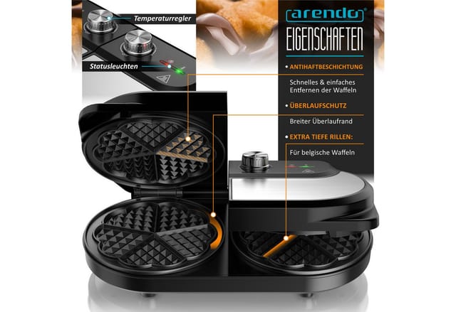 Arendo Waffeleisen Waffeleisen doppelt für 2 Herzwaffeln, 1400 W, Temperaturregler, 1400 W, 2 Zonen, Antihaftbeschichtung, Edelstahl, silber/schwarz, BPA-frei