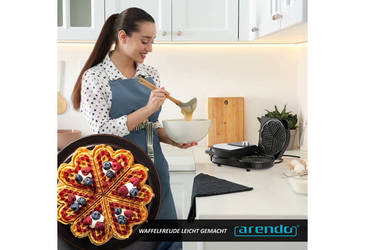 Arendo Waffeleisen Waffeleisen doppelt für 2 Herzwaffeln, 1400 W, Temperaturregler, 1400 W, 2 Zonen, Antihaftbeschichtung, Edelstahl, silber/schwarz, BPA-frei Bild 2