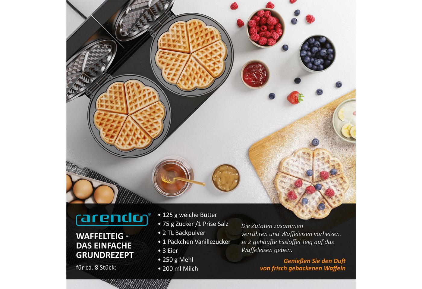 Arendo Waffeleisen Waffeleisen doppelt für 2 Herzwaffeln, 1400 W, Temperaturregler, 1400 W, 2 Zonen, Antihaftbeschichtung, Edelstahl, silber/schwarz, BPA-frei Bild 3