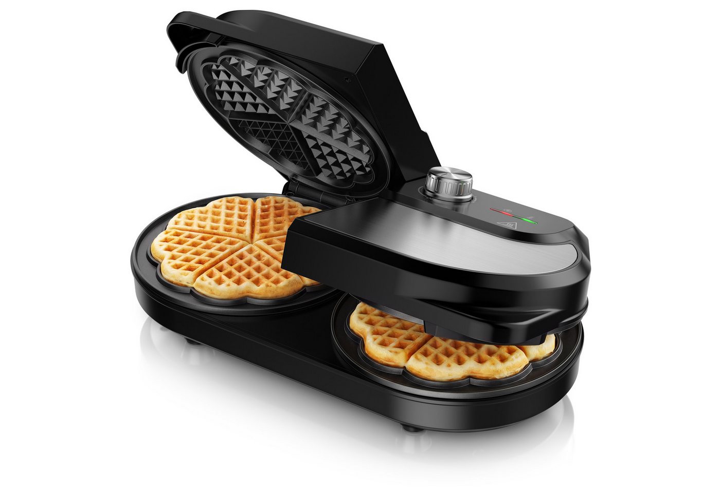 Arendo Waffeleisen Waffeleisen doppelt für 2 Herzwaffeln, 1400 W, Temperaturregler, 1400 W, 2 Zonen, Antihaftbeschichtung, Edelstahl, silber/schwarz, BPA-frei Bild 4
